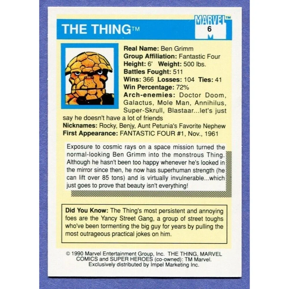 1990 Marvel Universe Card - #6 The Thing